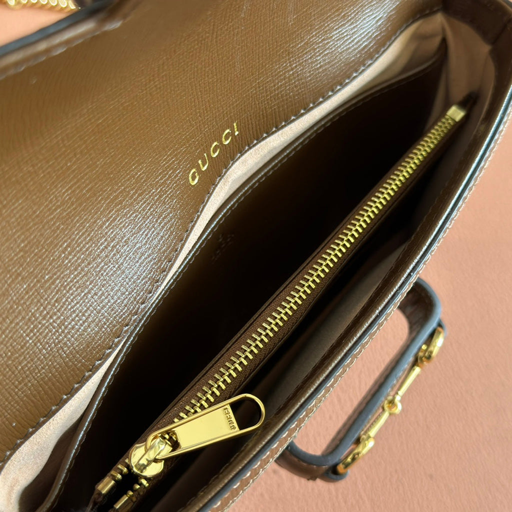 Gucci Horsebit 1955 Small 21.5 in Beige Ebony Supreme Brown Calfskin Gold Hardware Bag