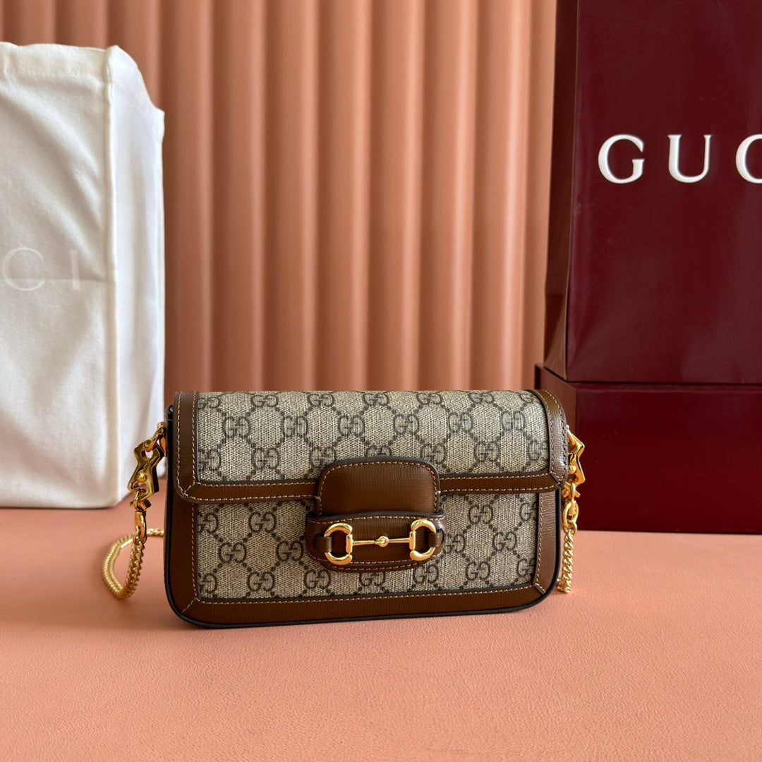 Gucci Horsebit 1955 Small 21.5 in Beige Ebony Supreme Brown Calfskin Gold Hardware Bag