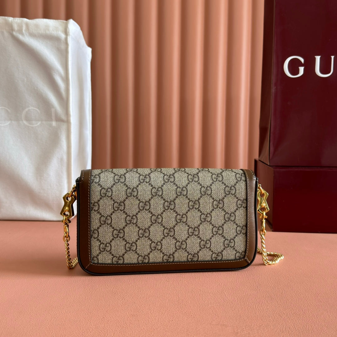 Gucci Horsebit 1955 Small 21.5 in Beige Ebony Supreme Brown Calfskin Gold Hardware Bag