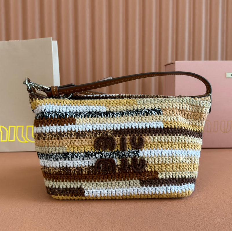 Crochet Shoulder Bag 25.5 Natural Colour-Block Wool with Brown Strap Calfskin