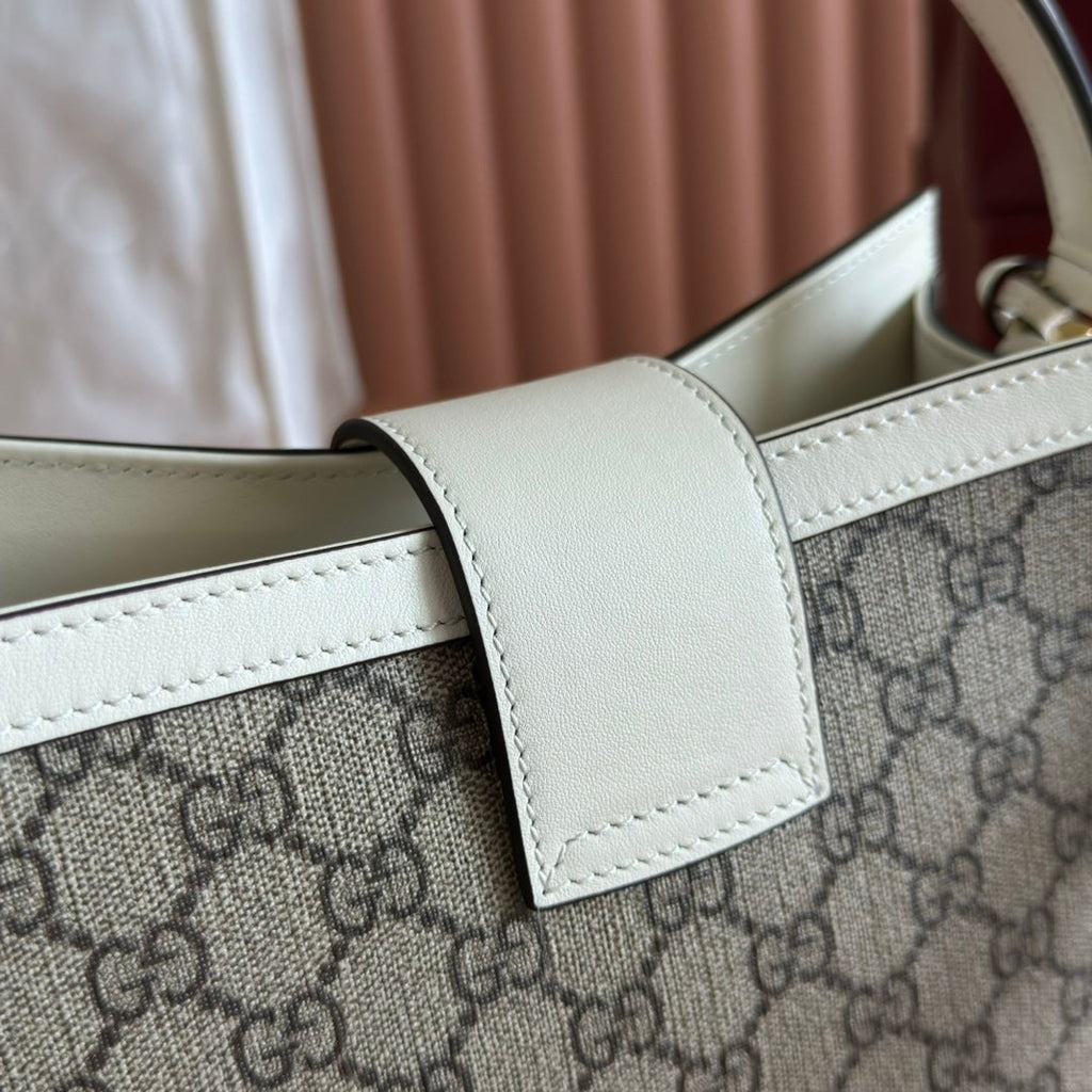 Gucci 26S Padlock Top Handle Bag 25 in Dark Beige and White Calfskin