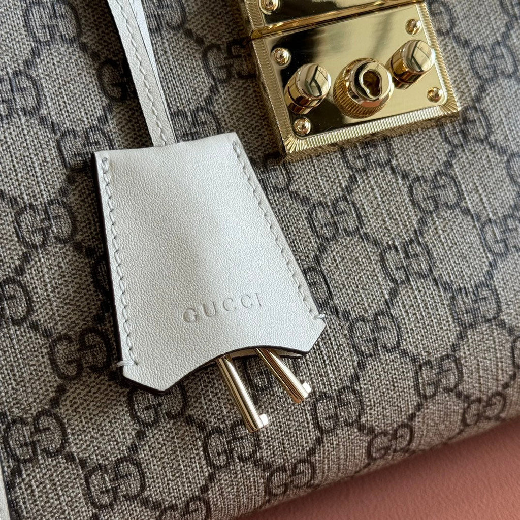 Gucci 26S Padlock Top Handle Bag 25 in Dark Beige and White Calfskin