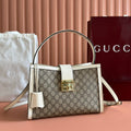 Gucci 26S Padlock Top Handle Bag 31 in Dark Beige and White Calfskin
