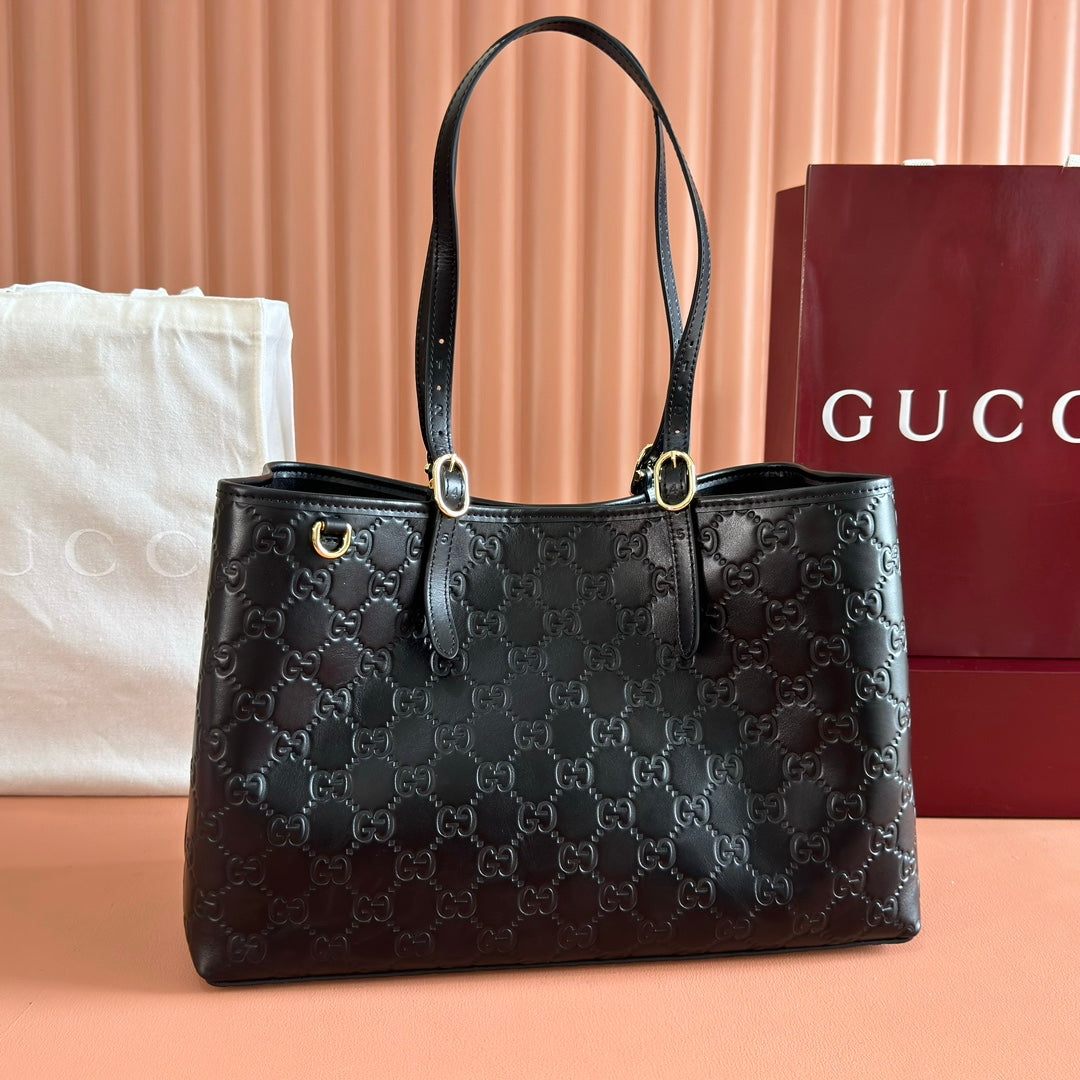 Gucci 26S Tote Bag 38 in Black Calfskin with Monogram Pattern