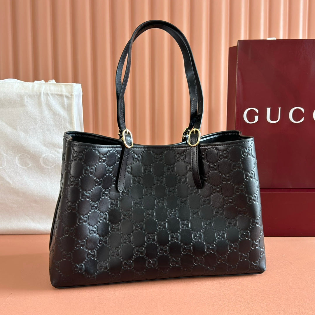 Gucci 26S Tote Bag 38 in Black Calfskin with Monogram Pattern