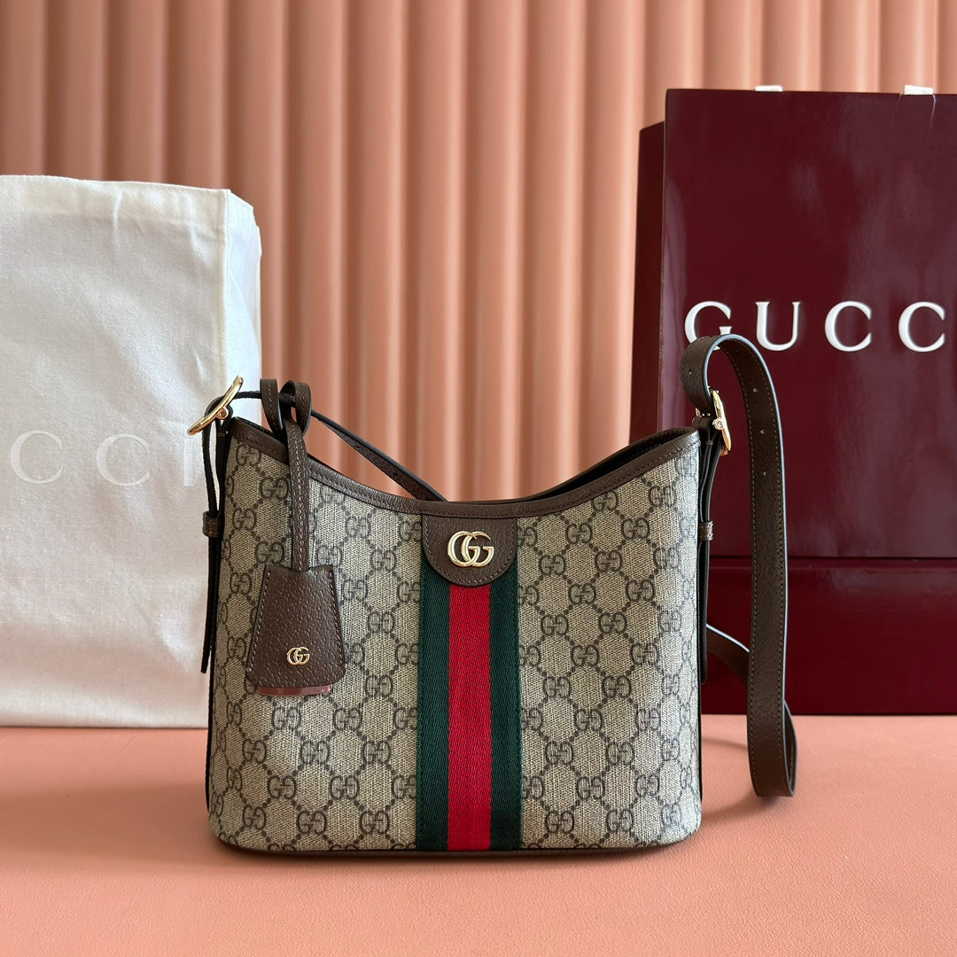 Gucci 25S Ophidia Small Shoulder Bag 23 cm in Beige Mix Brown Calfskin