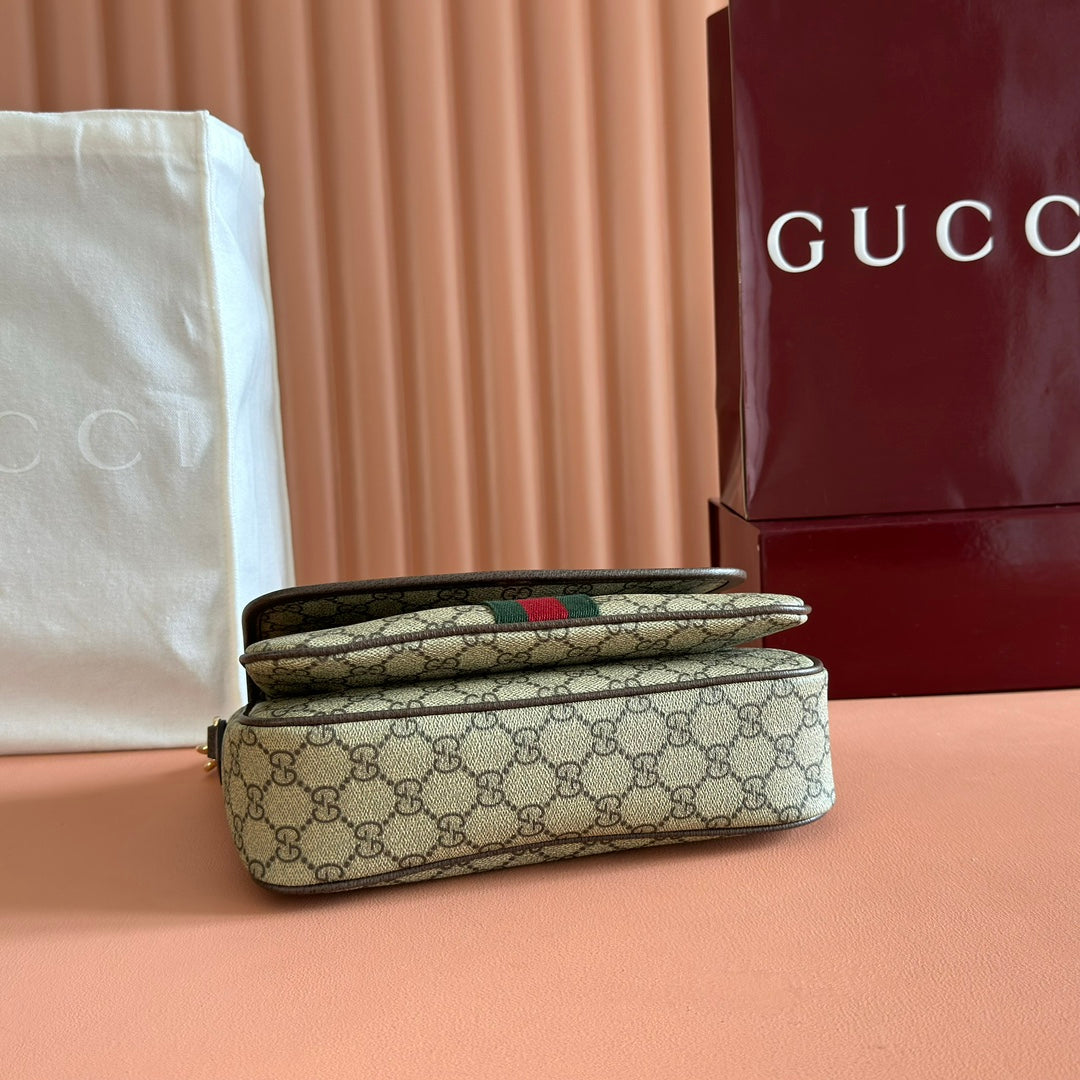 Gucci 25S Ophidia Small Shoulder Bag 24 cm in Beige and Brown Calfskin
