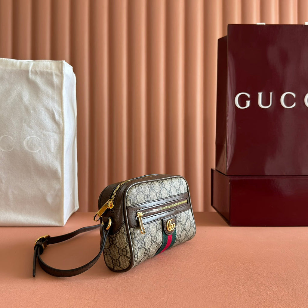 Gucci 25S Designer Handbag 18 in Beige Canvas and Brown Calfskin