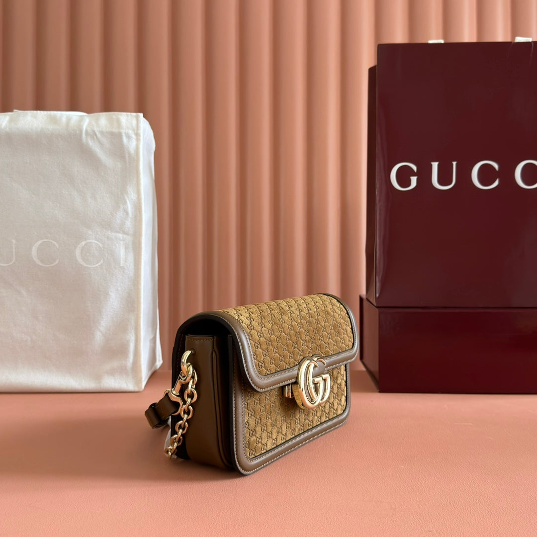 Gucci 26S Shoulder Bag 21 in Brown Embossed Suede and Calfskin