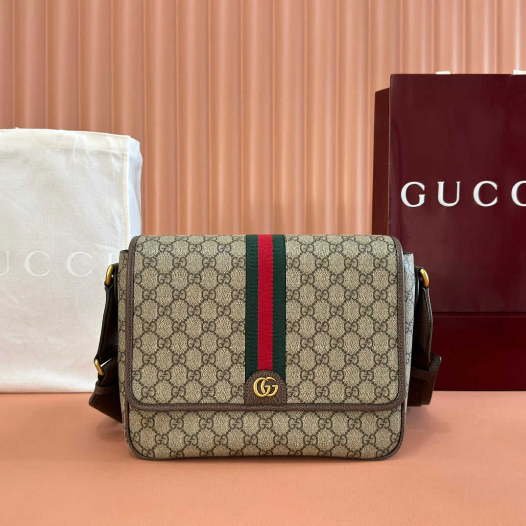 Gucci 25S Ophidia Medium Crossbody Bag 28 in Beige Canvas and Brown Calfskin