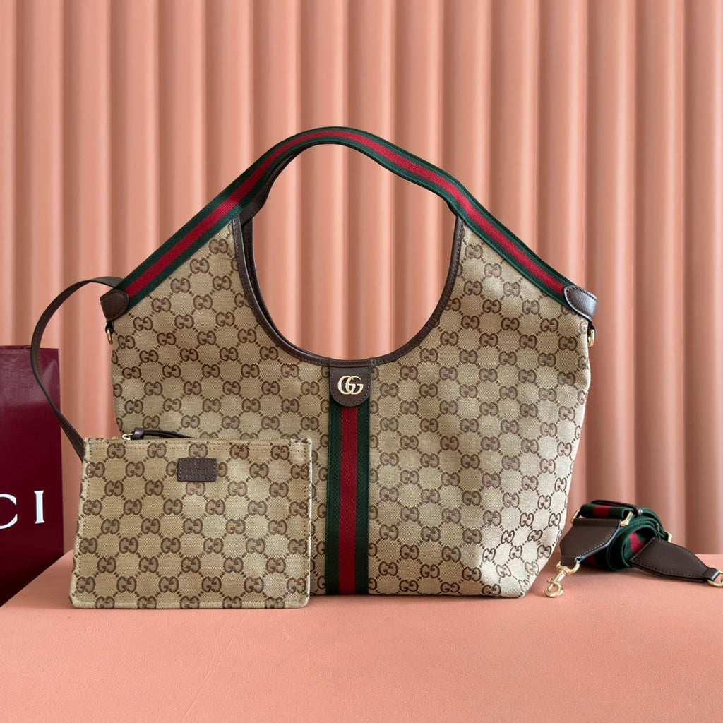 Gucci 25S Giglio Large Tote Bag 50 in Beige and Dark Brown Canvas