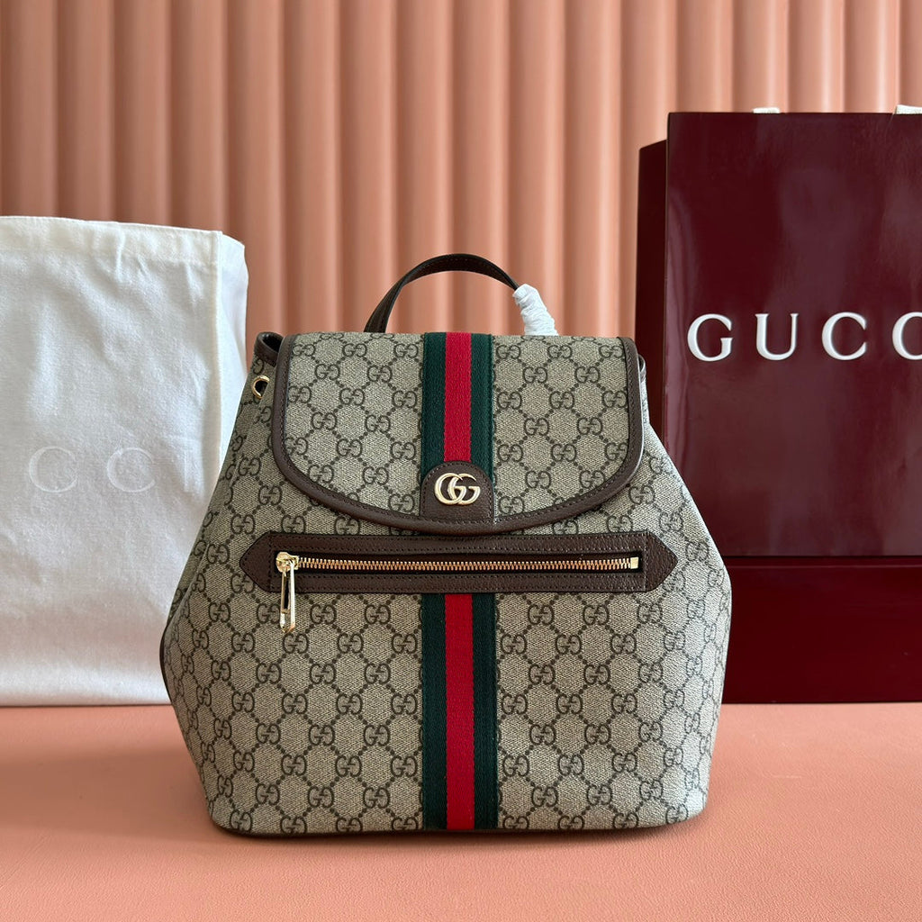 Gucci 25S Ophidia Medium Backpack 30 in Beige and Ebony Calfskin