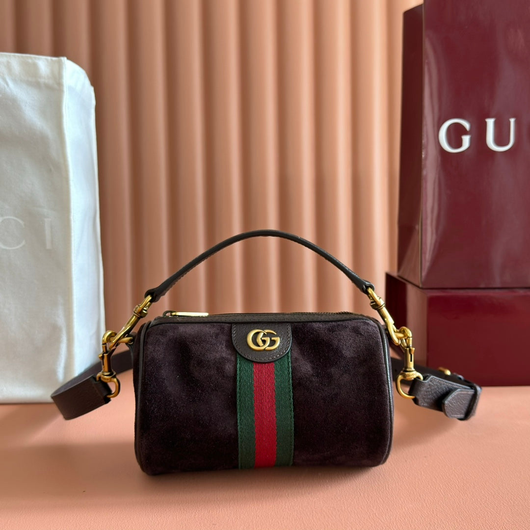 Gucci 25S Ophidia Mini Shoulder Bag 19 cm in Dark Chocolate Brown Suede