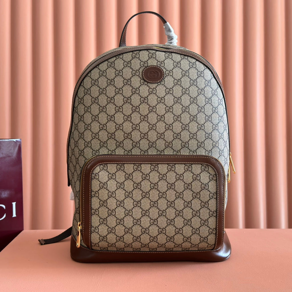 Gucci 25S Supreme Backpack 41 cm in Brown Mix Beige Calfskin