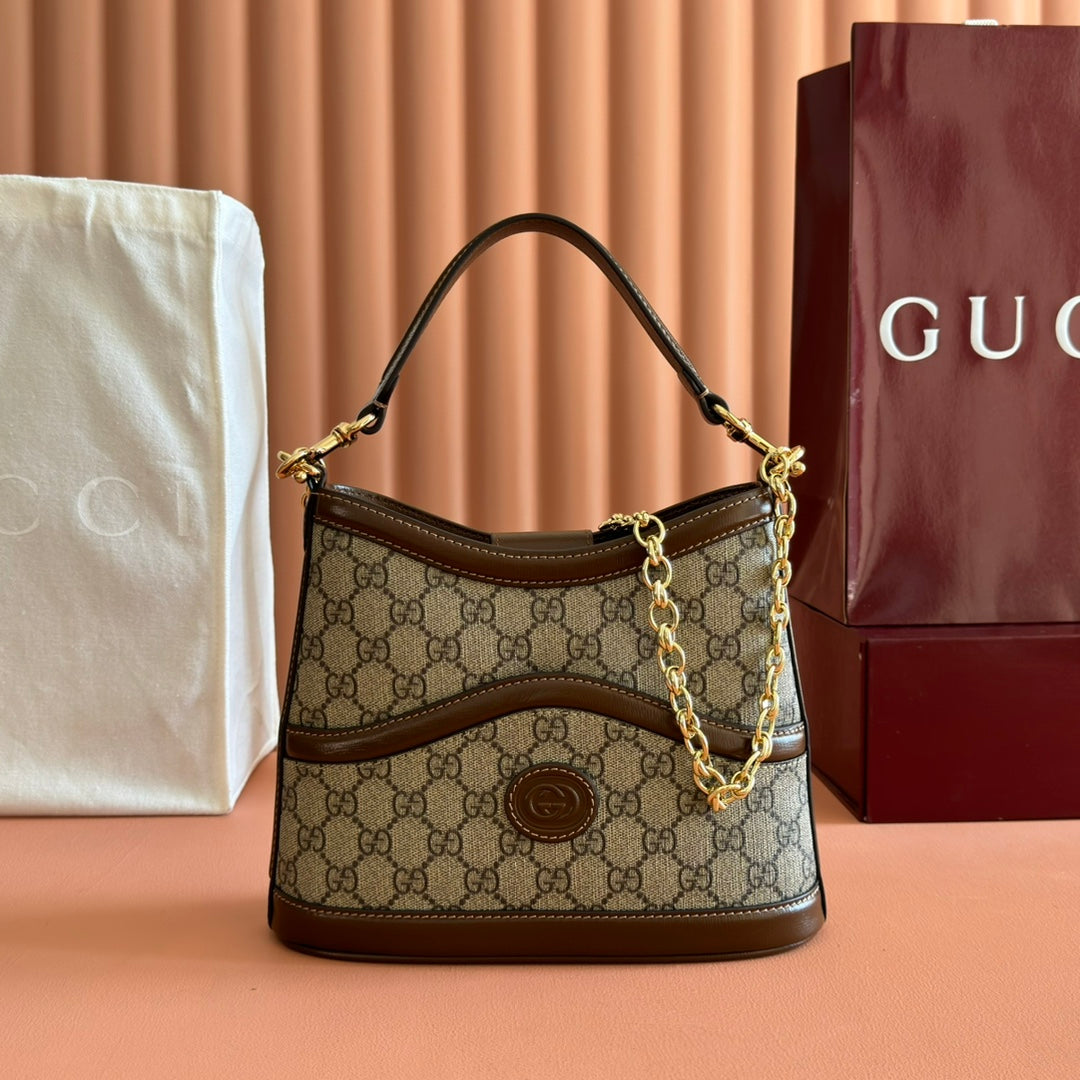 Gucci 25S Shoulder Bag 25 cm in Beige Mix Brown Calfskin