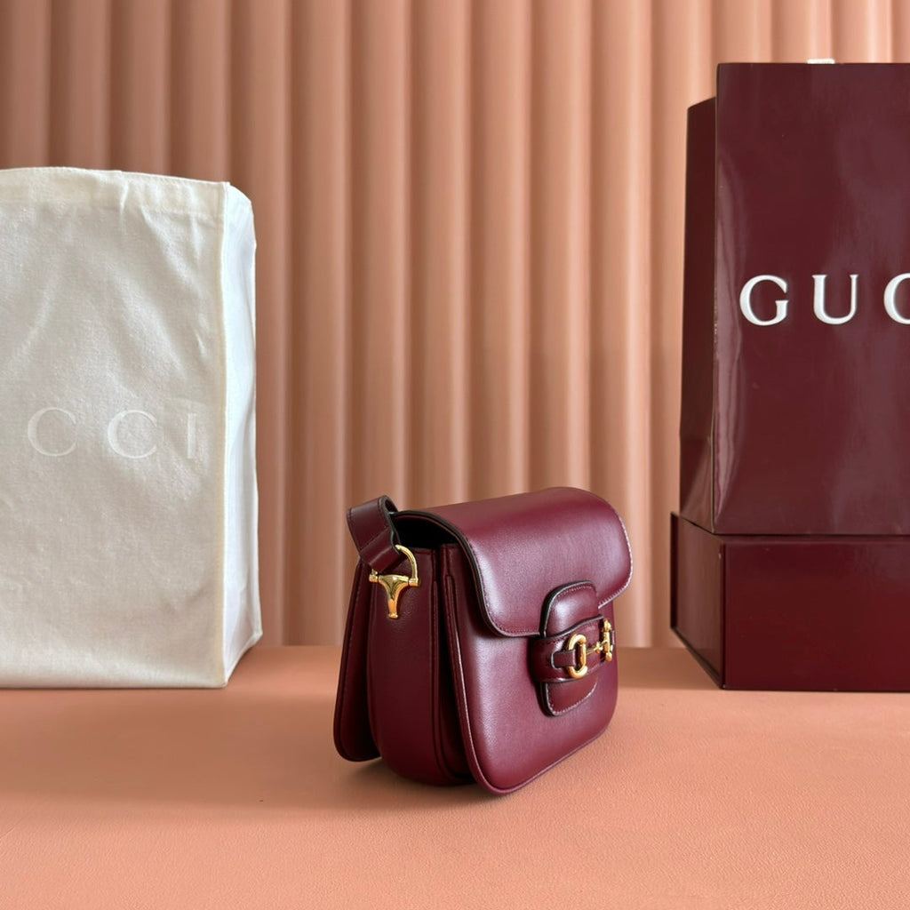 Gucci 25S Horsebit 1955 Mini Bag 20 cm in Dark Red Calfskin with Gold Hardware