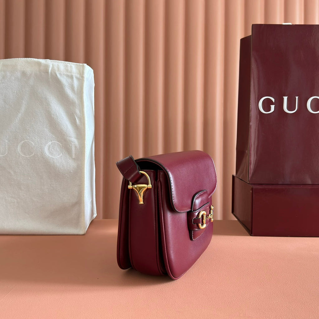 Gucci 25S Horsebit 1955 Mini Bag 26 cm in Dark Red Calfskin with Gold Hardware
