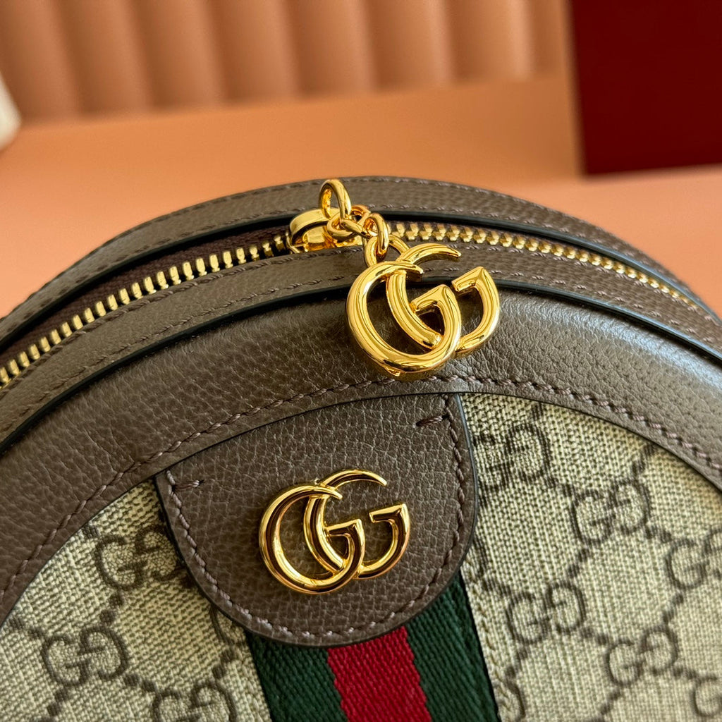 Gucci 25S Ophidia Mini Round Shoulder Bag 18 cm in Dark Beige and Brown Calfskin