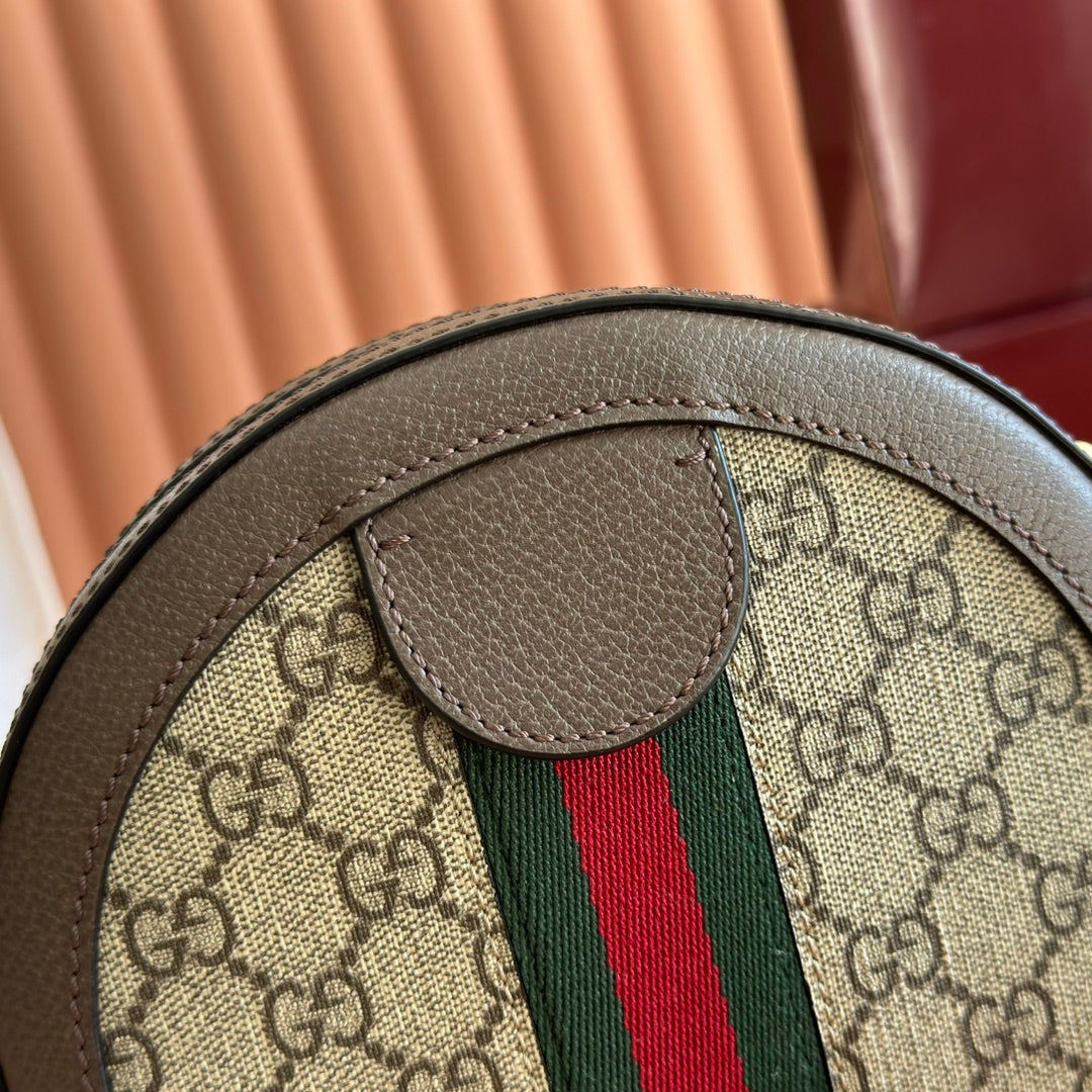 Gucci 25S Ophidia Mini Round Shoulder Bag 18 cm in Dark Beige and Brown Calfskin