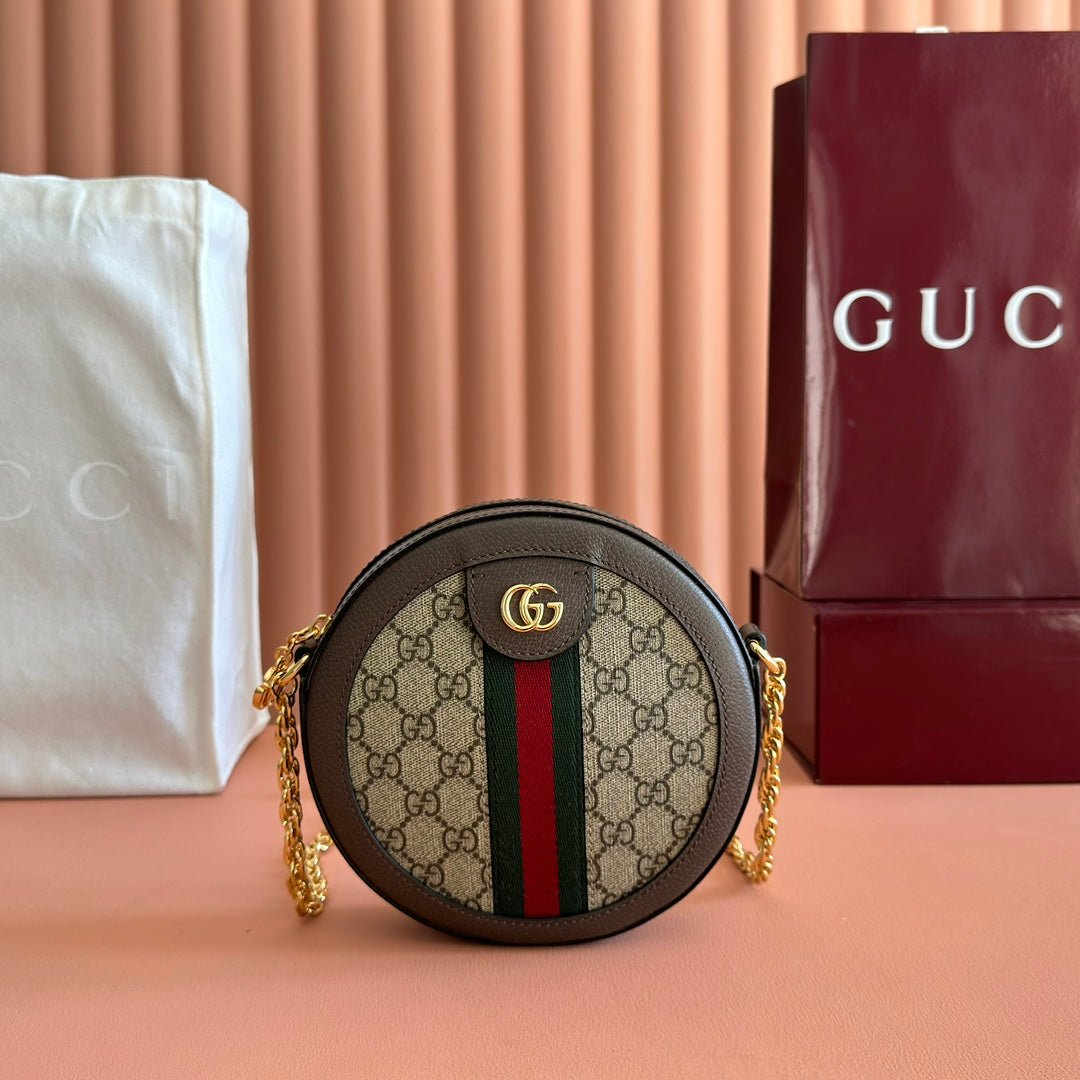 Gucci 25S Ophidia Mini Round Shoulder Bag 18 cm in Dark Beige and Brown Calfskin