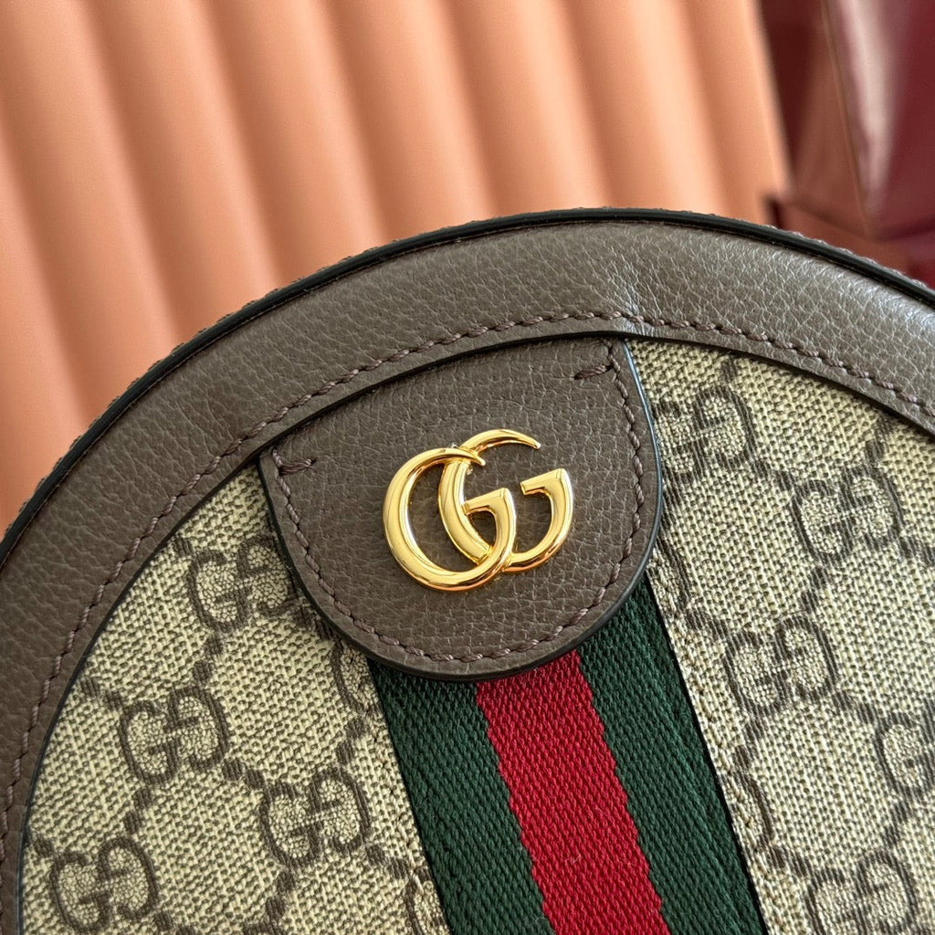 Gucci 25S Ophidia Mini Round Shoulder Bag 18 cm in Dark Beige and Brown Calfskin