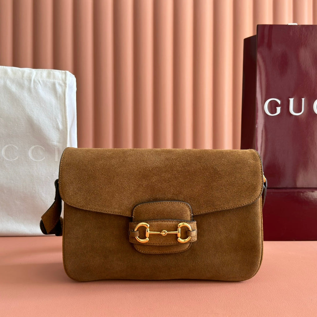 Gucci 25S Horsebit 1955 30 cm in Brown Suede with Gold Hardware Bag