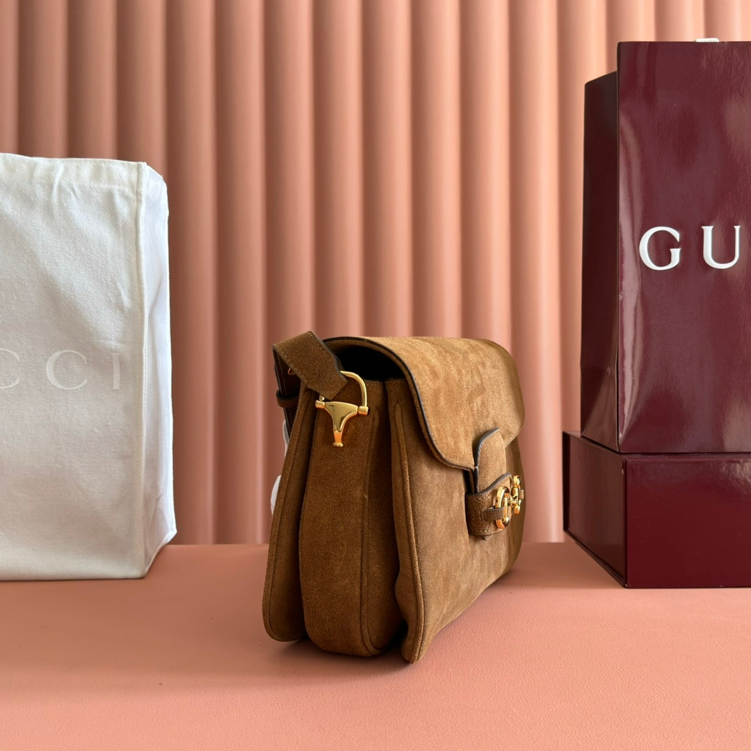 Gucci 25S Horsebit 1955 30 cm in Brown Suede with Gold Hardware Bag