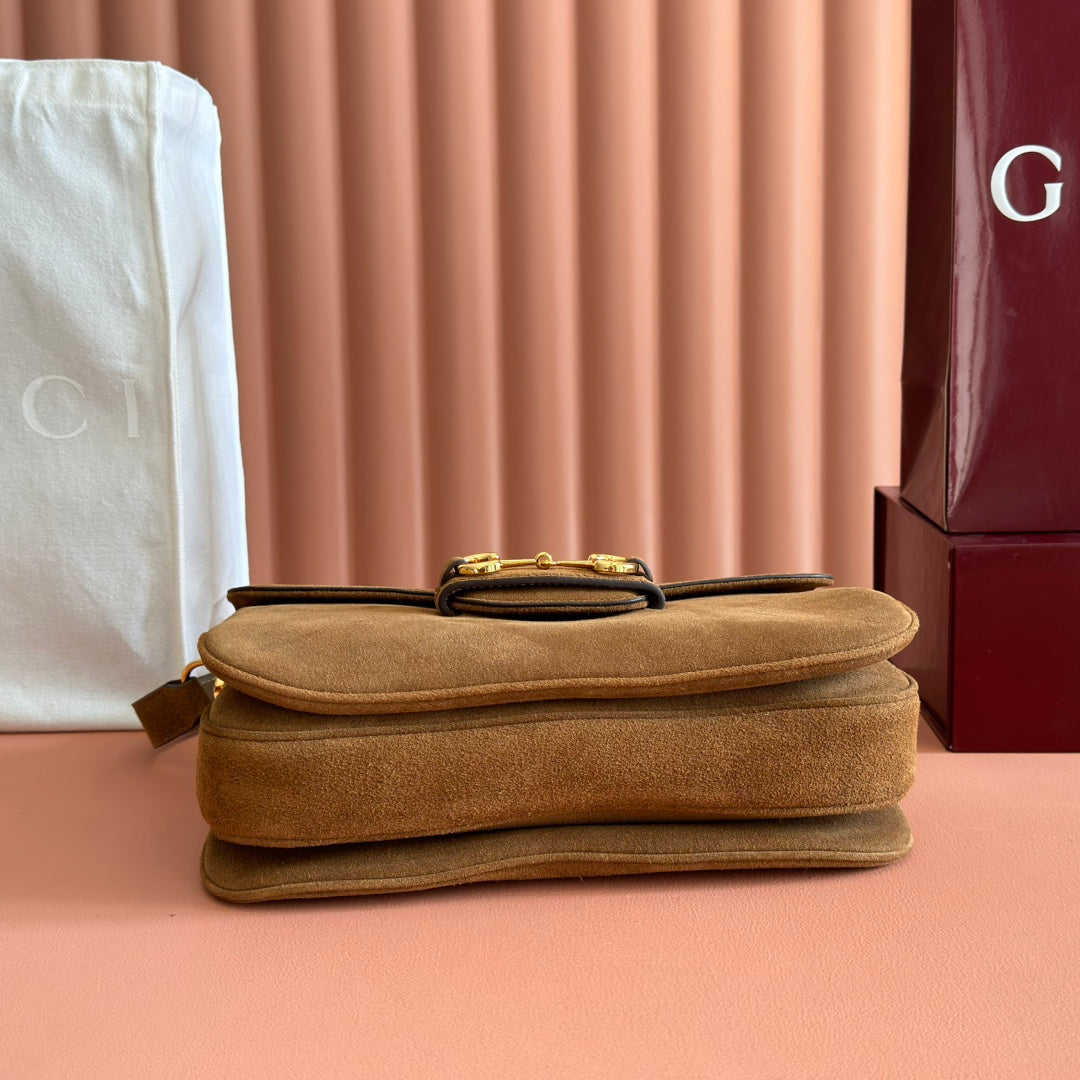 Gucci 25S Horsebit 1955 30 cm in Brown Suede with Gold Hardware Bag