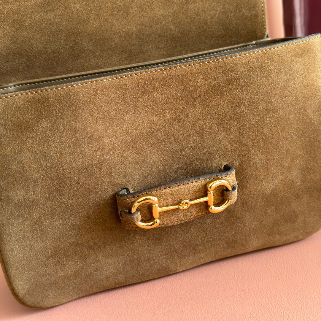 Gucci 25S Horsebit 1955 30 cm in Brown Suede with Gold Hardware Bag
