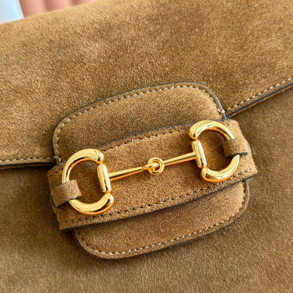 Gucci 25S Horsebit 1955 30 cm in Brown Suede with Gold Hardware Bag