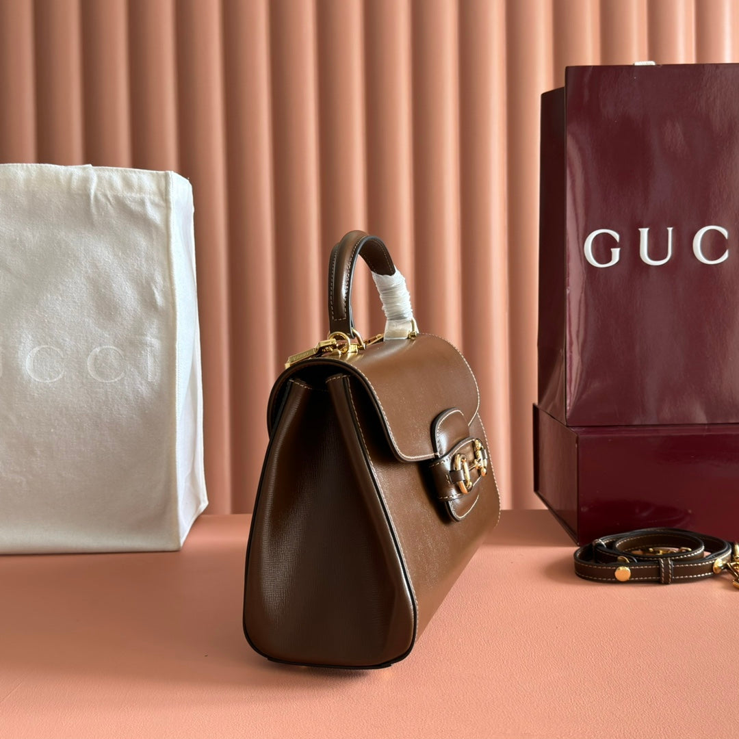 Gucci 25S Horsebit 1955 Medium Shoulder Bag 22 cm in Brown Calfskin with Gold Hardware