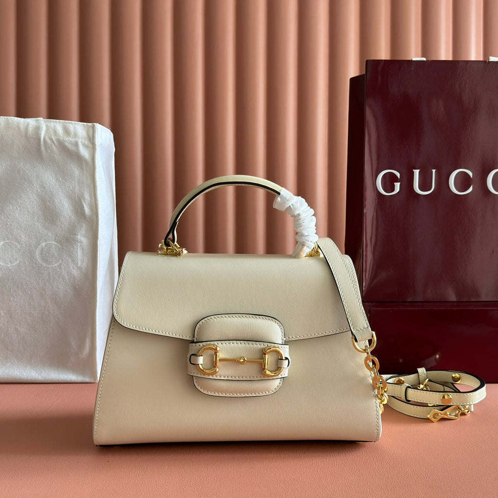 Gucci 25S Horsebit 1955 Medium Shoulder Bag 29 cm in Cream White Calfskin with Gold Hardware