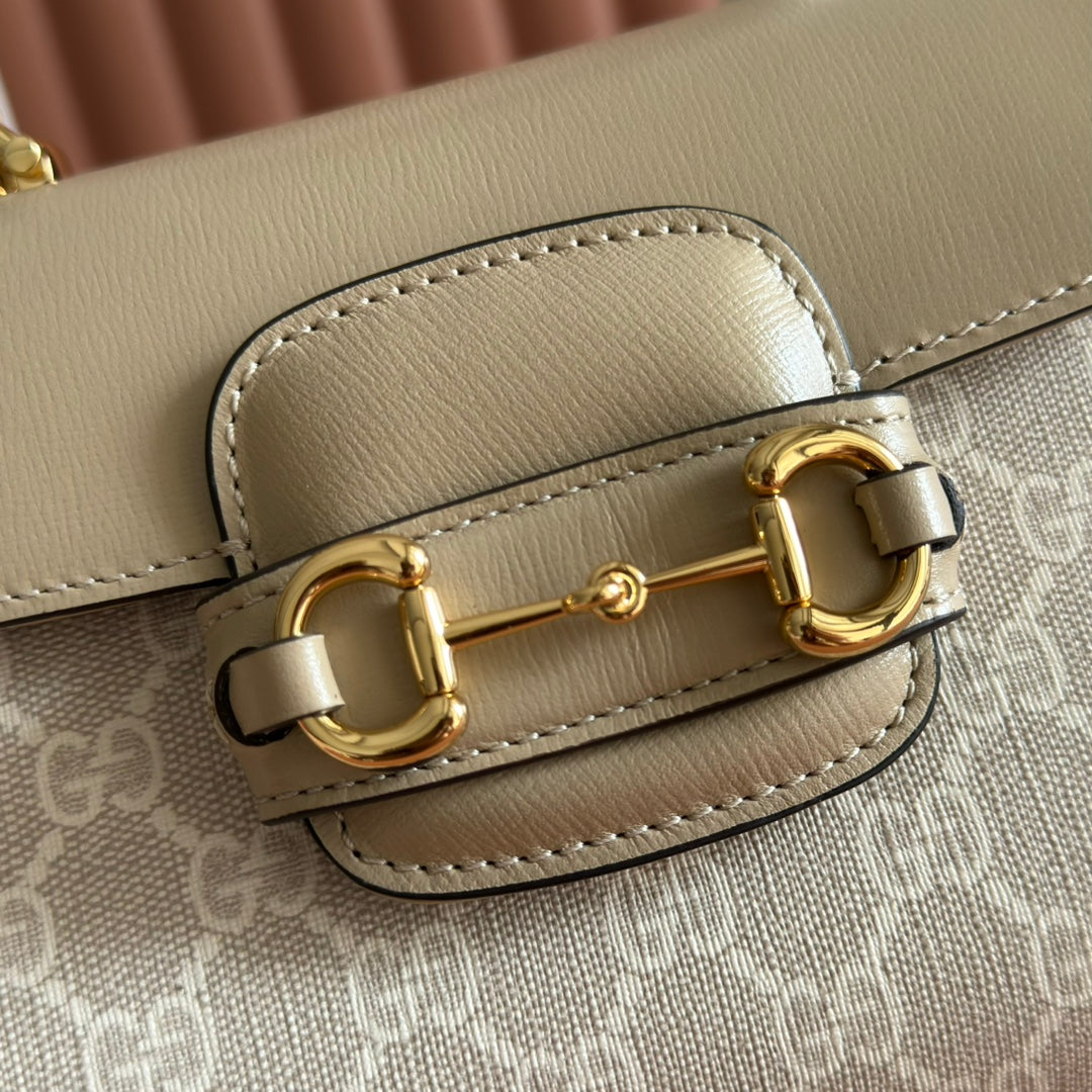 Gucci 25S Horsebit 1955 Medium Shoulder Bag 29 cm in Beige Monogram Calfskin with Gold Hardware