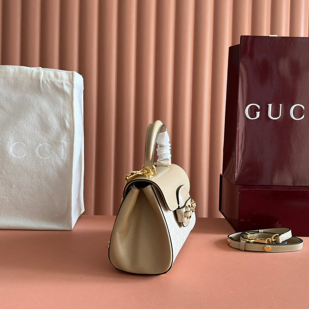 Gucci 25S Horsebit 1955 Medium Shoulder Bag 29 cm in Beige Monogram Calfskin with Gold Hardware