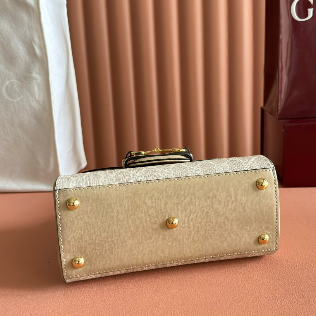 Gucci 25S Horsebit 1955 Medium Shoulder Bag 29 cm in Beige Monogram Calfskin with Gold Hardware