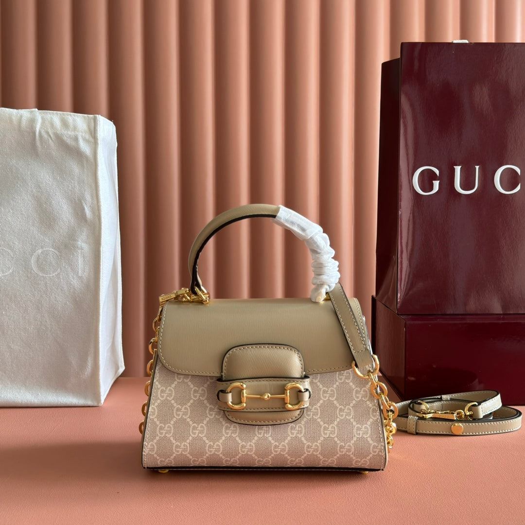 Gucci 25S Horsebit 1955 Medium Shoulder Bag 29 cm in Beige Monogram Calfskin with Gold Hardware