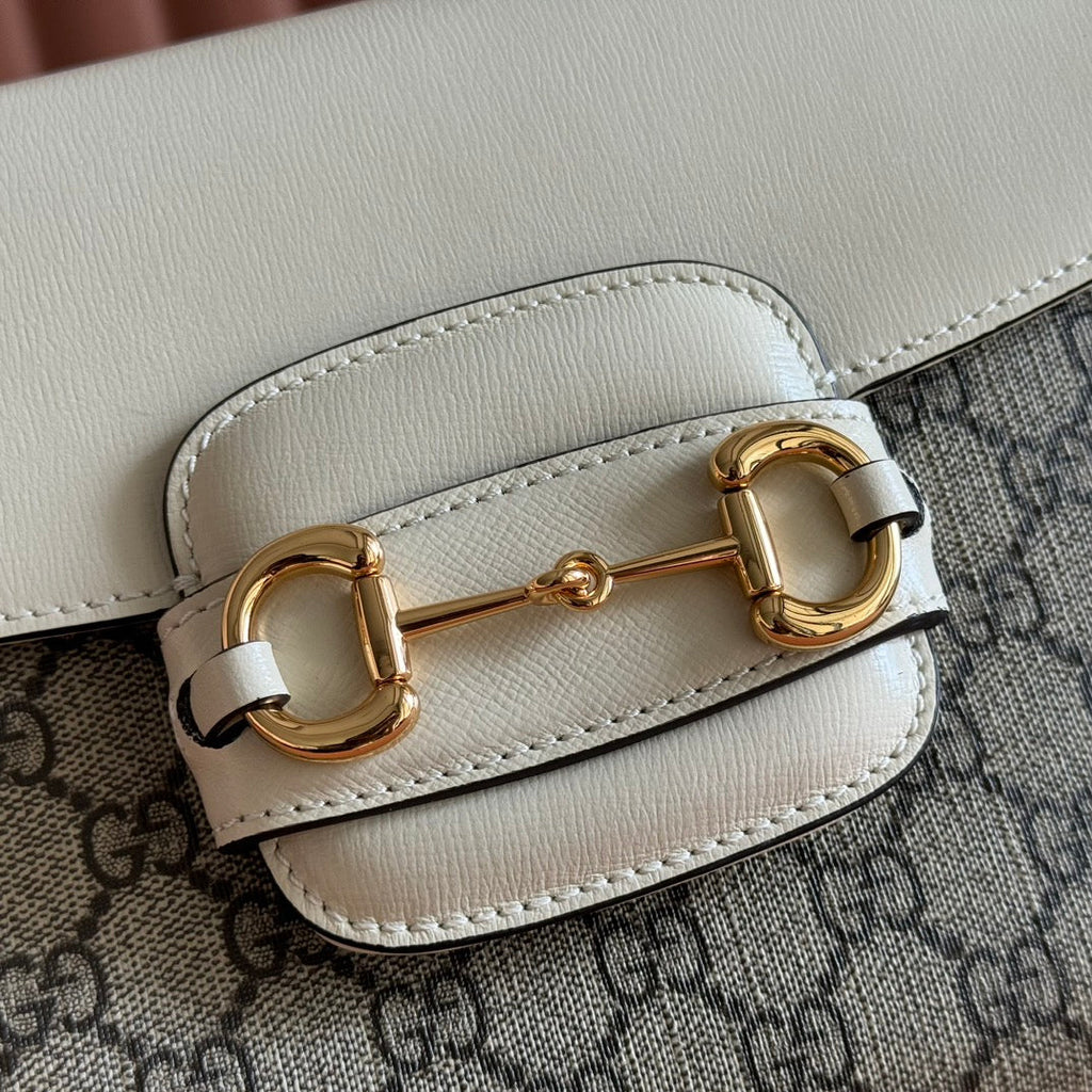 Gucci 25S Horsebit 1955 Medium Shoulder Bag 29 cm in Beige Canvas and Cream White Calfskin with Gold Hardware