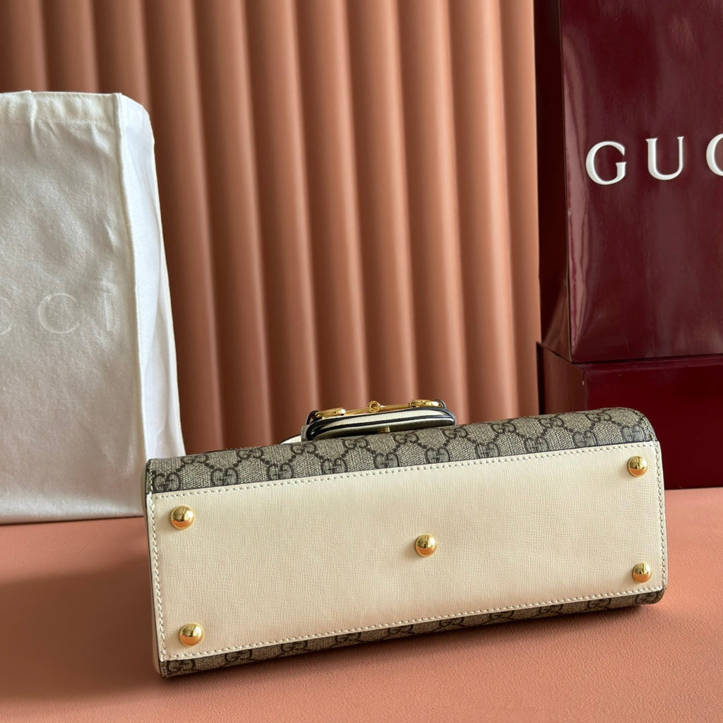 Gucci 25S Horsebit 1955 Medium Shoulder Bag 29 cm in Beige Canvas and Cream White Calfskin with Gold Hardware