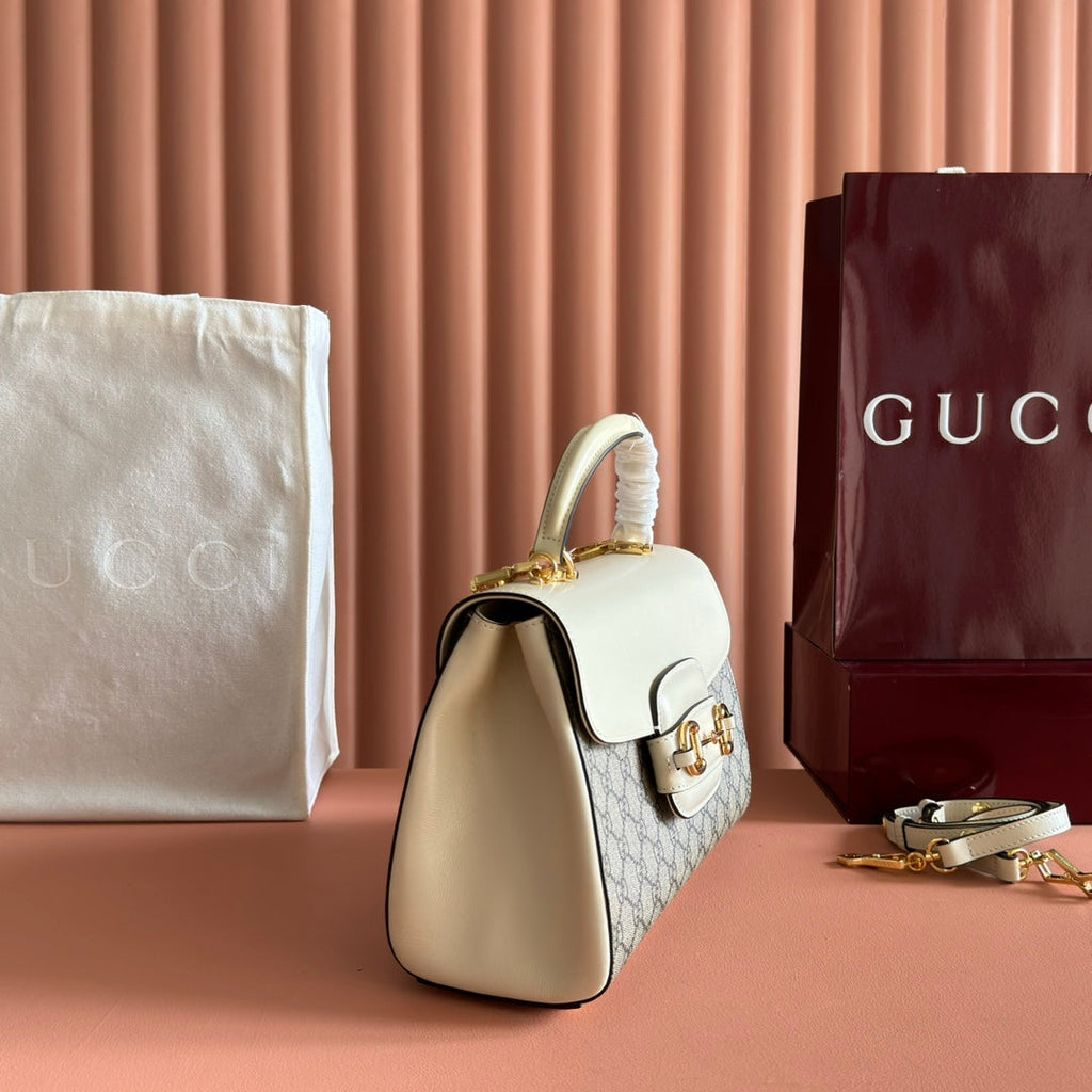 Gucci 25S Horsebit 1955 Medium Shoulder Bag 29 cm in Beige Canvas and Cream White Calfskin with Gold Hardware