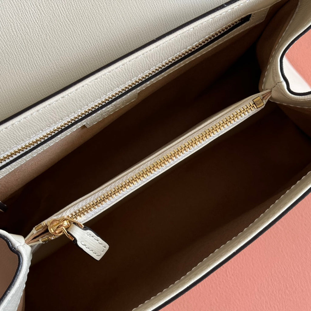 Gucci 25S Horsebit 1955 Medium Shoulder Bag 29 cm in Beige Canvas and Cream White Calfskin with Gold Hardware