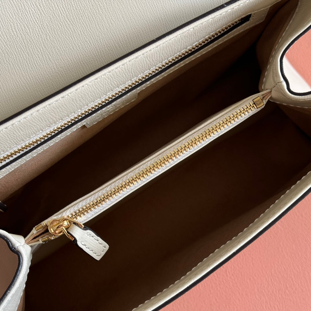 Gucci 25S Horsebit 1955 Medium Shoulder Bag 29 cm in Beige Canvas and Cream White Calfskin with Gold Hardware