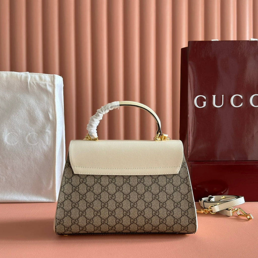 Gucci 25S Horsebit 1955 Medium Shoulder Bag 29 cm in Beige Canvas and Cream White Calfskin with Gold Hardware