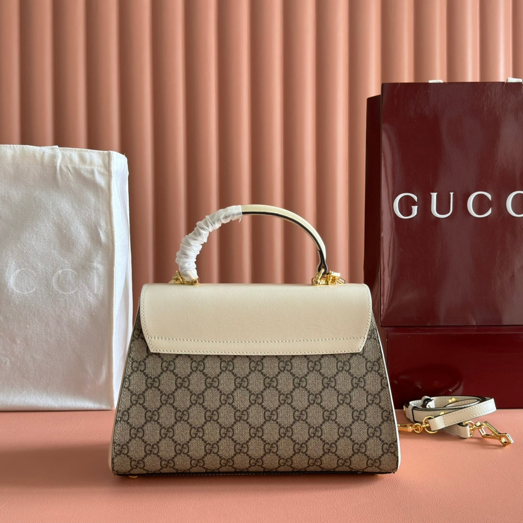 Gucci 25S Horsebit 1955 Medium Shoulder Bag 29 cm in Beige Canvas and Cream White Calfskin with Gold Hardware