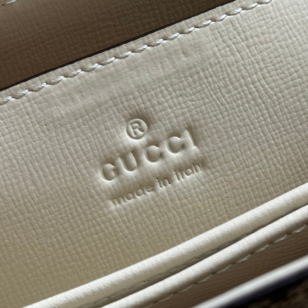 Gucci 25S Horsebit 1955 Medium Shoulder Bag 22 cm in Beige Canvas and Cream White Calfskin with Gold Hardware