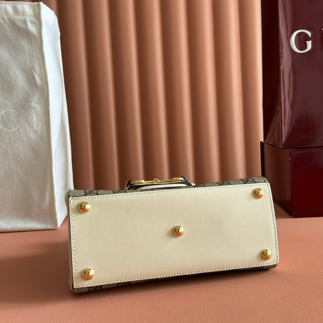 Gucci 25S Horsebit 1955 Medium Shoulder Bag 22 cm in Beige Canvas and Cream White Calfskin with Gold Hardware