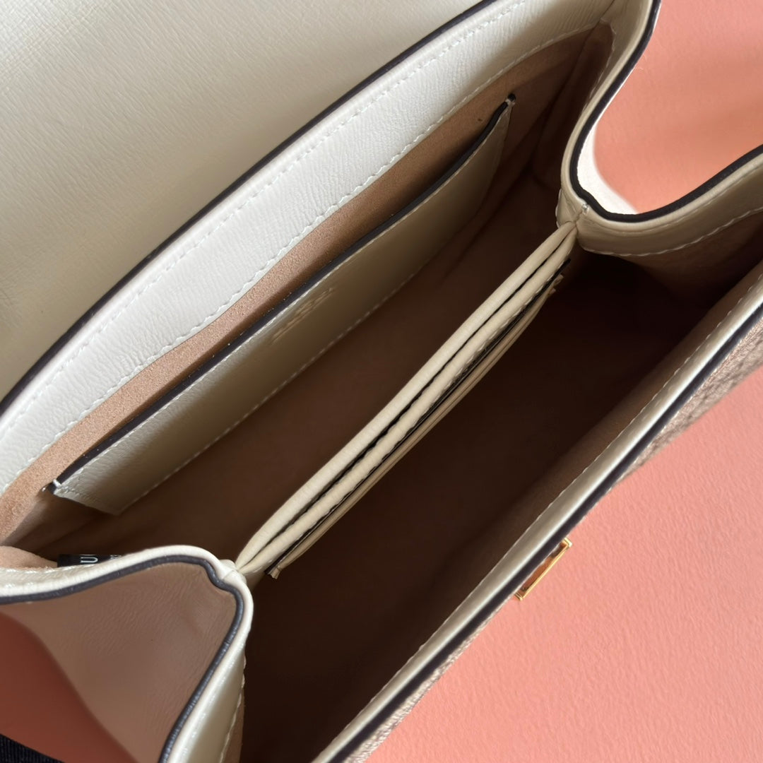 Gucci 25S Horsebit 1955 Medium Shoulder Bag 22 cm in Beige Canvas and Cream White Calfskin with Gold Hardware