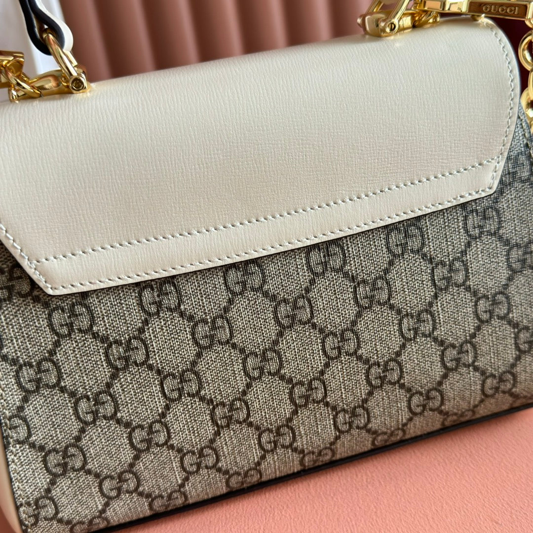 Gucci 25S Horsebit 1955 Medium Shoulder Bag 22 cm in Beige Canvas and Cream White Calfskin with Gold Hardware