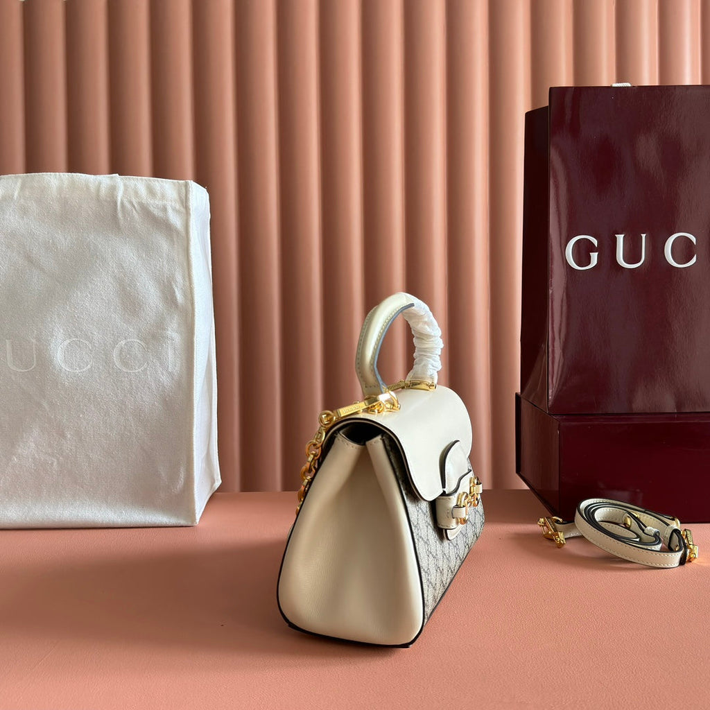 Gucci 25S Horsebit 1955 Medium Shoulder Bag 22 cm in Beige Canvas and Cream White Calfskin with Gold Hardware