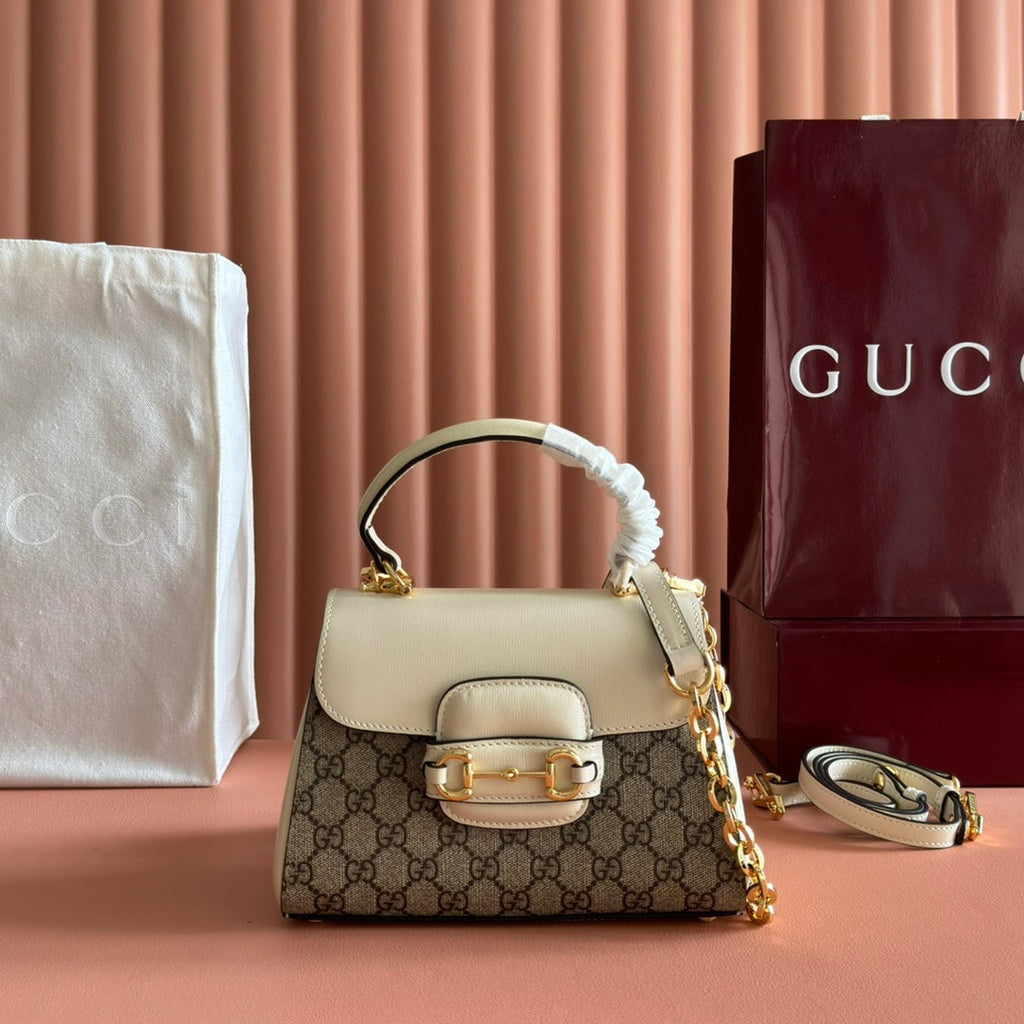 Gucci 25S Horsebit 1955 Medium Shoulder Bag 22 cm in Beige Canvas and Cream White Calfskin with Gold Hardware
