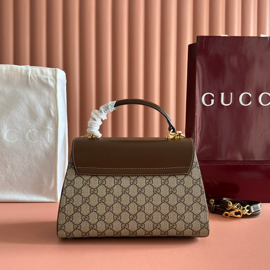 Gucci 25S Horsebit 1955 Medium Shoulder Bag 29 cm in Dark Beige Canvas and Brown Calfskin with Gold Hardware